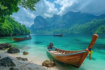 Obraz premium Tropical Beach Scene With Wooden Boats And Lush Mountains