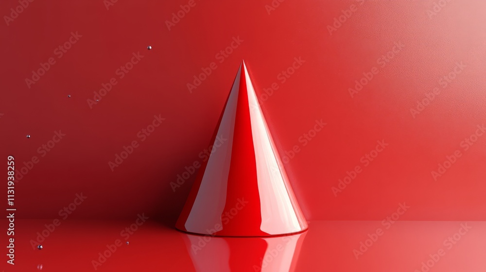 Poster a clean 3d rendering of a single glossy red cone hat with sparkling accents, placed symmetrically on