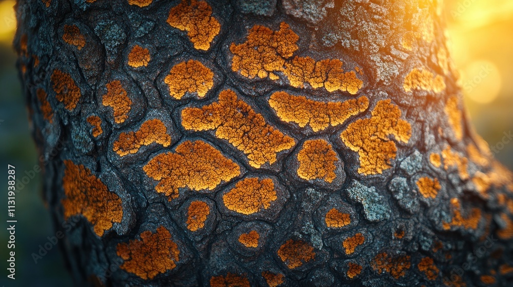 Poster close-up of textured tree bark with intricate patterns and soft golden hour light