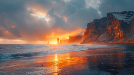 Dramatic Sunset over Ocean Coastline with Rocky Cliffs