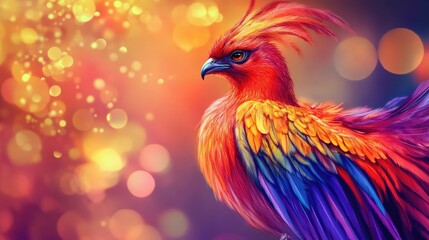 Fototapeta premium A vibrant, mythical bird with colorful plumage against a dreamy, bokeh background.