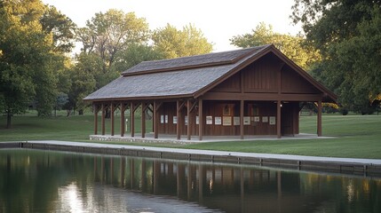 Fototapeta premium Serene Park Pavilion Beside Calm Water