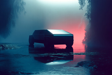 Cybertruck Night Drive: Autonomous Vehicle, Moody Atmosphere, Futuristic Design, Reflective Water, Dark Landscape