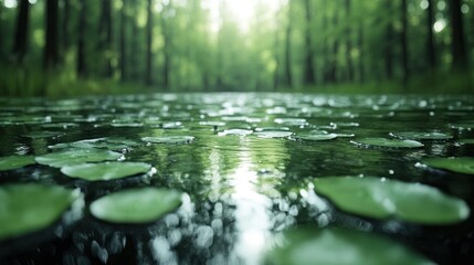 Fototapeta premium Serene forest stream with lily pads.