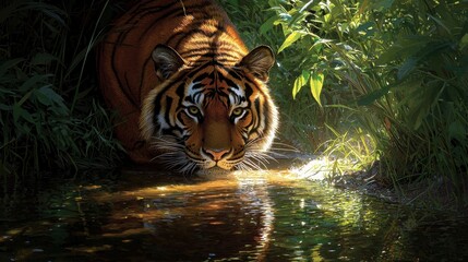 Majestic tiger approaches water in lush jungle wildlife photography vibrant greenery close-up perspective nature's beauty