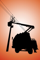 Silhouette of power lineman stand on bucket truck and closing a single phase transformer on energized high-voltage electric power lines.