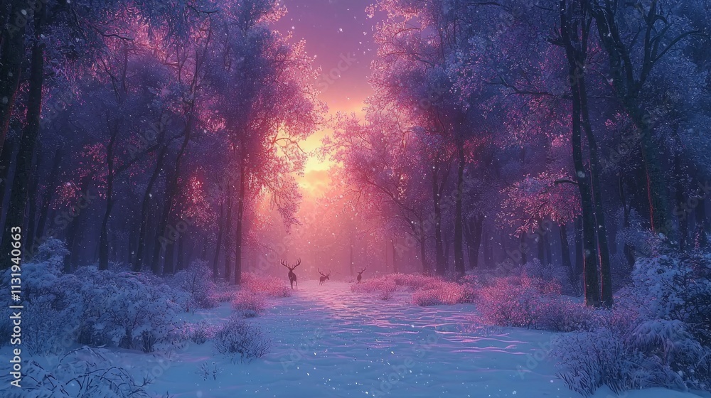 Aufkleber a tranquil winter forest is covered in pristine snow, illuminated by the warm glow of a setting sun.