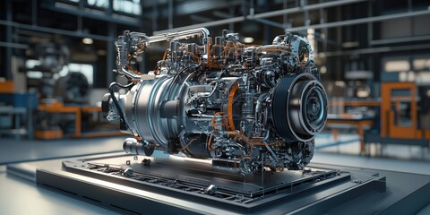 Fototapeta premium A detailed 3D structure of an advanced engine sits on a digital platform, with intricate parts exposed, showcasing engineering and technological advancement.