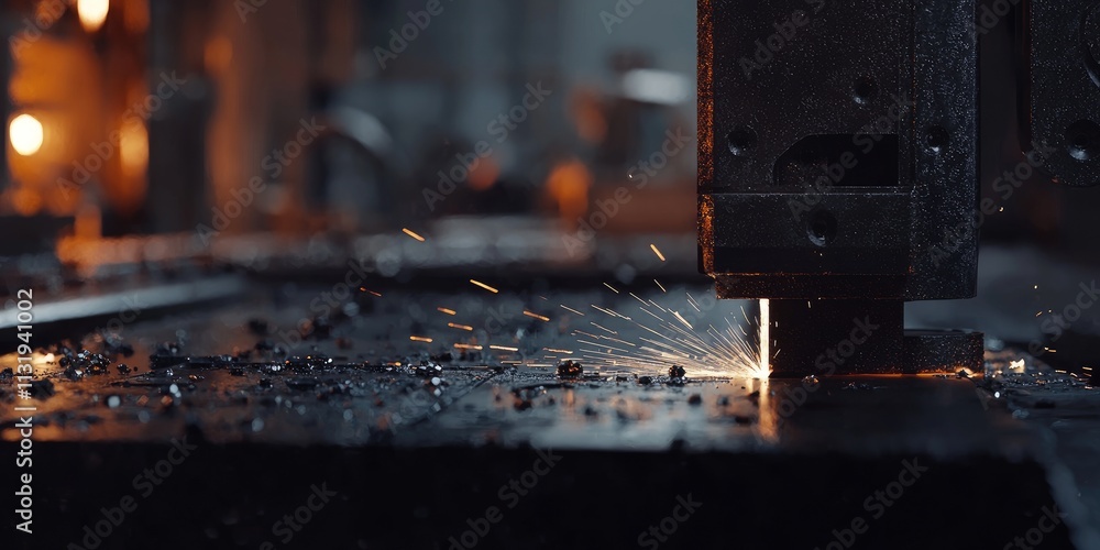 Poster A close-up of a CNC machine cutting steel in an industrial setting. The sparks and precision highlight advanced manufacturing methods.