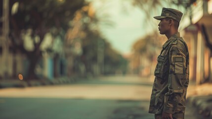Fototapeta premium Military officer in uniform standing solemnly on deserted city street, symbolizing martial law and order in urban environment.