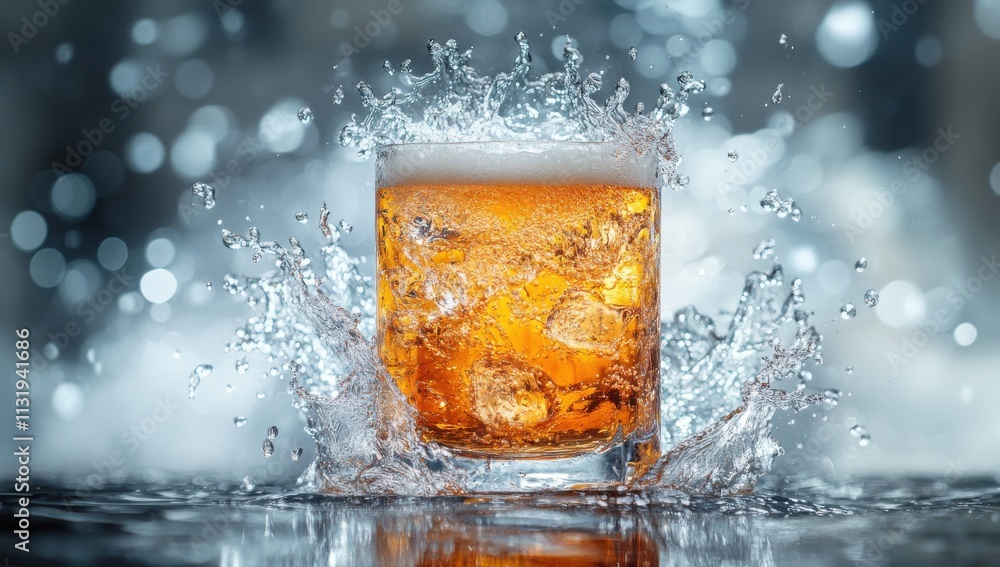 Poster Refreshing Sparkling Beverage Splashing in a Glass with Ice Cubes Surrounded by Bokeh Background of Water Drops and Bright Light