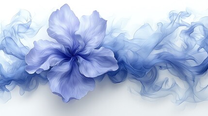 Obraz premium Delicate blue flower amidst swirling smoke on white background.