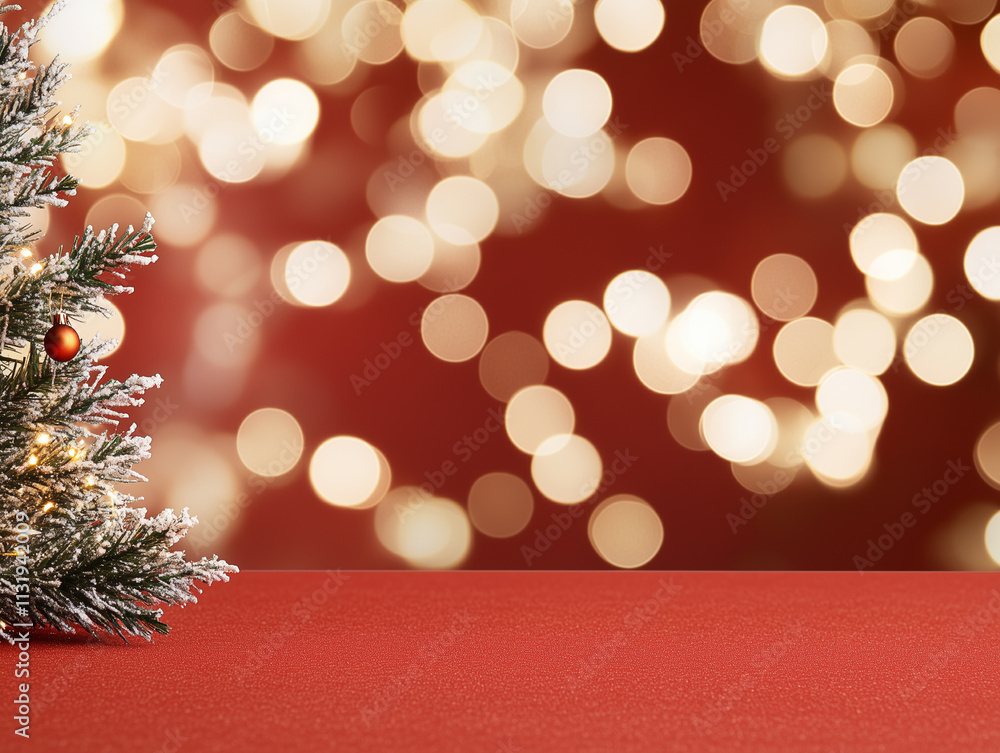 Fototapete christmas background with xmas tree and sparkle bokeh lights on red canvas background. merry christm