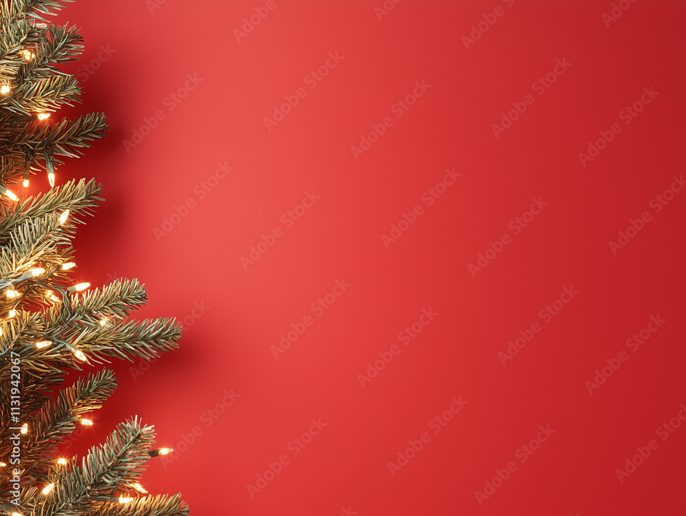 Fototapete christmas background with xmas tree and sparkle bokeh lights on red canvas background. merry christm