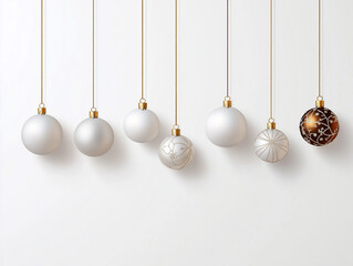 Christmas balls background. Hanging white Xmas decorative bauble, 3d silver metallic snowflakes on the ribbon. Festive vector realistic decor ornaments