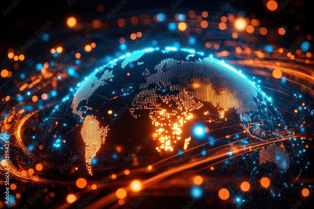 Poster global network connectivity globe centered on middle east for data transfer and cyber technology