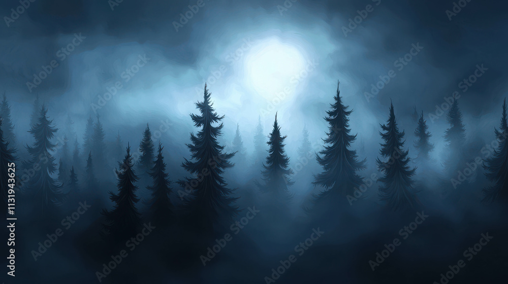 Poster mysterious fog rolling through dark trees in enigmatic night background