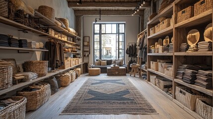 Fototapeta premium Wooden shelves showcase handmade crafts and woven baskets, while soft lighting highlights the store's bohemian charm, inviting shoppers to explore its treasures on a serene afternoon