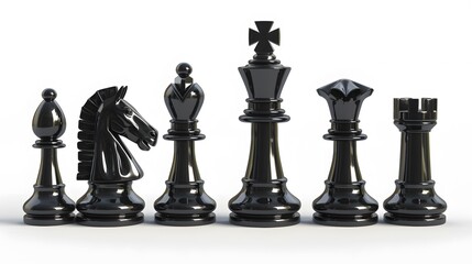 Black chess pieces isolated on a white background. They are the king, queen, bishop, knight, rook, and pawn.