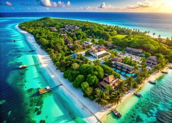 Fototapeta premium Paradise found: a luxurious island resort, stunning aerial drone shot of tropical beaches.
