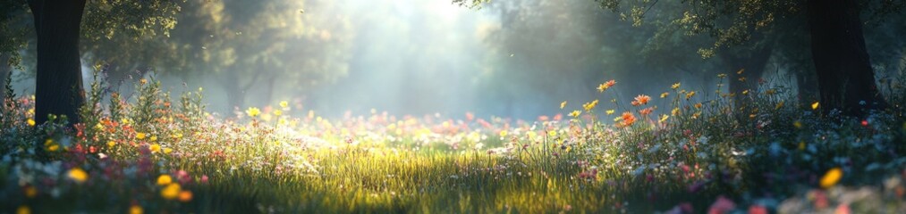 Fototapeta premium Serene Meadow at Dawn with Dappled Light Filtering Through Trees, Colorful Wildflowers Blooming in a Tranquil Natural Landscape of Peace and Beauty