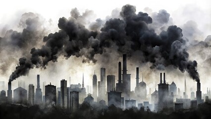 Obraz premium Smog-choked city skyline, a watercolor of ecological disaster. Urban pollution's grim silhouette.