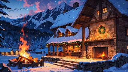 Fototapeta premium Traditional living room with fireplace decorated with Christmas ornaments, old house in the forest in the night