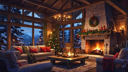 Fototapeta premium Traditional living room with fireplace decorated with Christmas ornaments, old house in the forest in the night