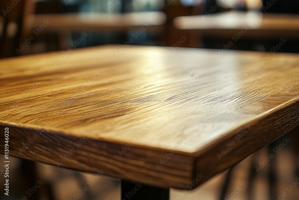 Poster close-up of a wooden table surface in a caf? setting.