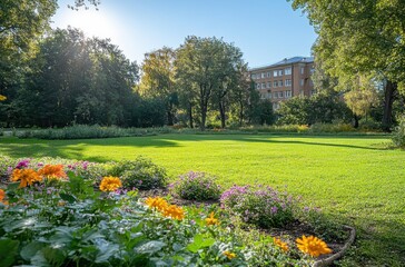 Obraz premium Serene Urban Park Scene Featuring Vibrant Flowers and Lush Green Lawn with Sunlight and Residential Building in Background, Perfect for Tranquil Outdoor Imagery