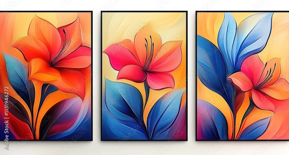 Poster vertical triptych abstract floral design with bright colors and soft gradient background
