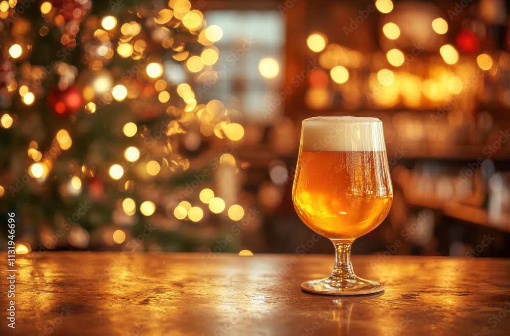 Poster sparkling golden beer glass on a rustic bar with warm bokeh lights background creating a cozy and in