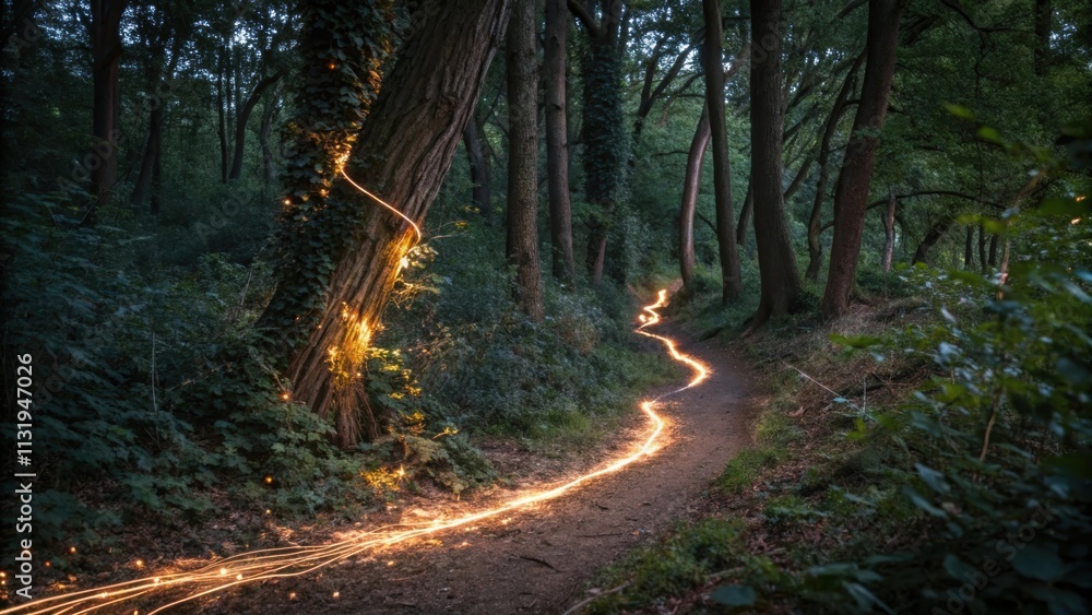 Aufkleber winding dirt path through a dense forest is illuminated by a glowing trail of fairy lights, creating