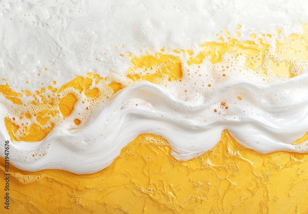 Poster textured surface of a golden yellow resin with white foam, creating a dynamic and abstract backgroun