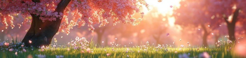 Obraz premium Tranquil Cherry Blossom Garden at Sunset with Pink Blooming Trees, Soft Lighting, and Lush Green Grass Creating a Serene Natural Landscape