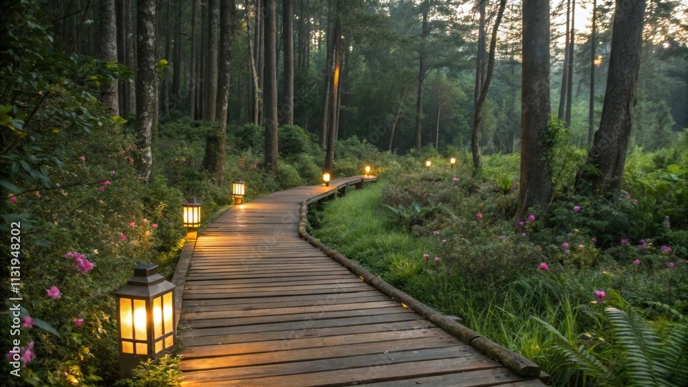 Aufkleber warm lights illuminating a wooden walkway winding its way through a tranquil forest at twilight, cre