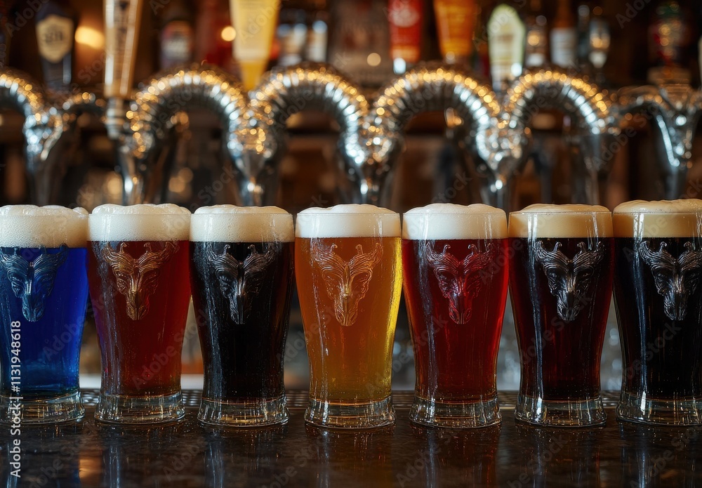 Aufkleber variety of beer glasses on bar counter featuring different colors and textures with foam topping in 