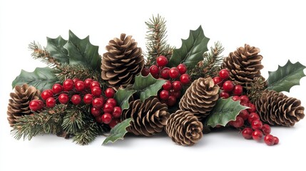 A festive centerpiece featuring holly berries and rustic pine cones, perfectly isolated on white 