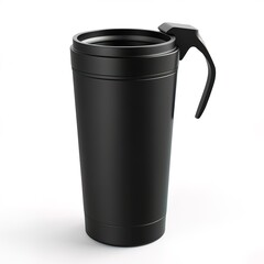 a travel tumbler with a handle, adventure-ready design, 3D rendering, matte black, isolated on white background  