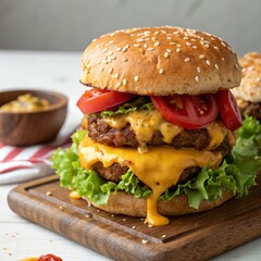 Hamburger with melt cheese isolated on white background.