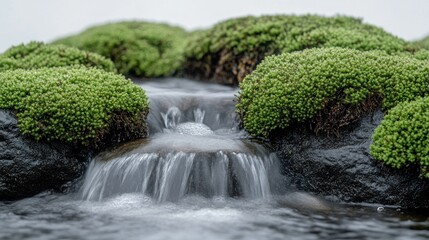 Small waterfall flowing over mossy rocks.