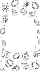 Vector illustration. Juicy vegetable background with copy space for text. Pattern of halves, slices and rings of onion. Sketch style. Hand drawn kitchen ingredients template for culinary themes.