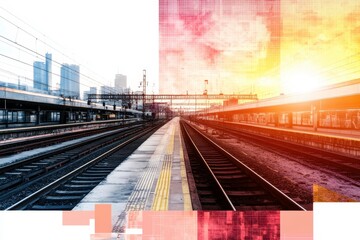 Fototapeta premium Urban Railway Scene During Sunset with City Skyline and Empty Tracks, Featuring Modern Architecture and Vibrant Colors in a Dynamic Composition