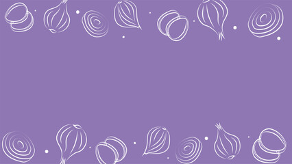 Vector illustration. Juicy vegetable background with copy space for text. Pattern of halves, slices and rings of onion. Sketch style. Hand drawn kitchen ingredients template for culinary themes.