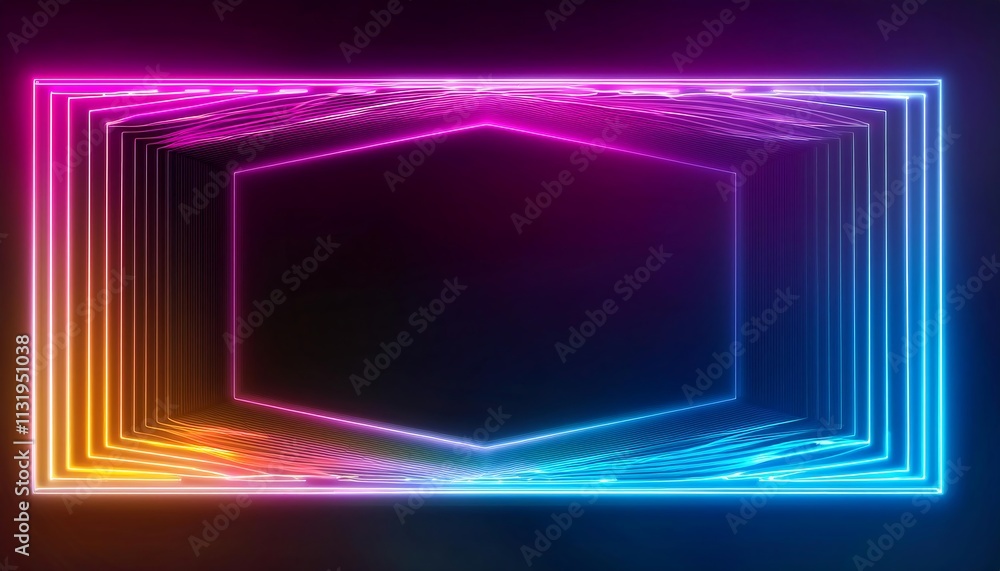 Poster abstract geometric frame with neon lights and gradient colors in dark space.