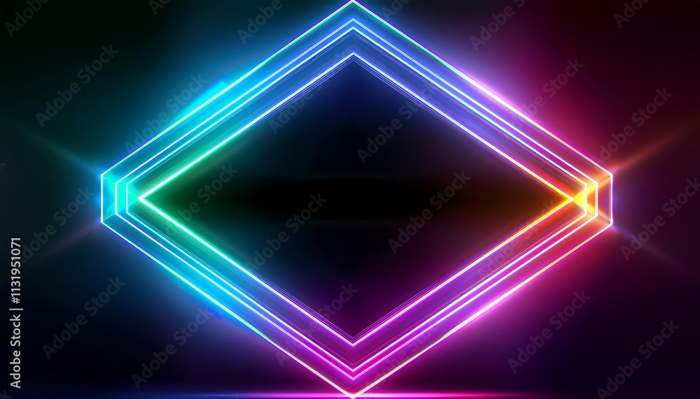 Poster abstract geometric frame with neon lights and gradient colors in dark space.