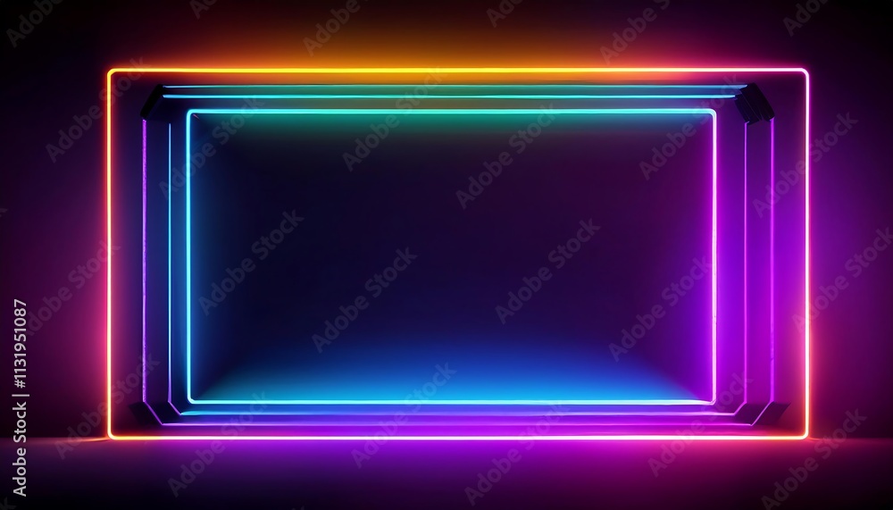 Poster abstract geometric frame with neon lights and gradient colors in dark space.