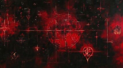 Abstract Crimson Canvas with Overlayed Geometric and Symbolic Markings