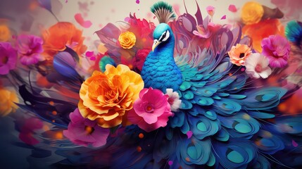 Fototapeta premium Vibrant Peacock Amidst Abstract Floral Design, Colorful Feathers