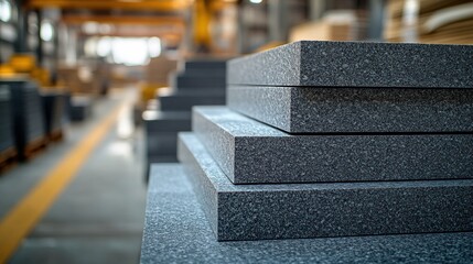 Stacked gray industrial foam sheets in factory.